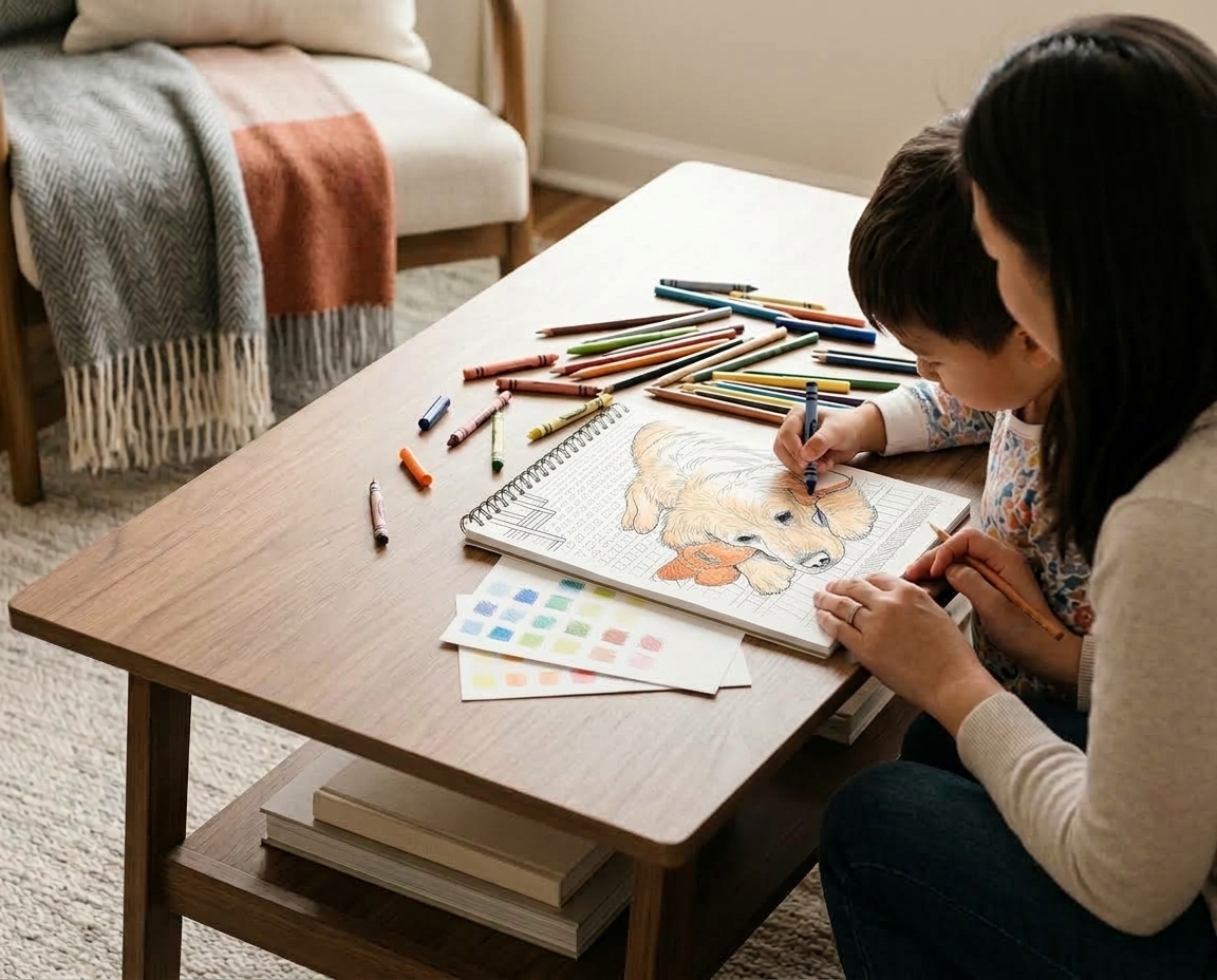 A parent and child coloring a Yours to Color book together at a coffee table