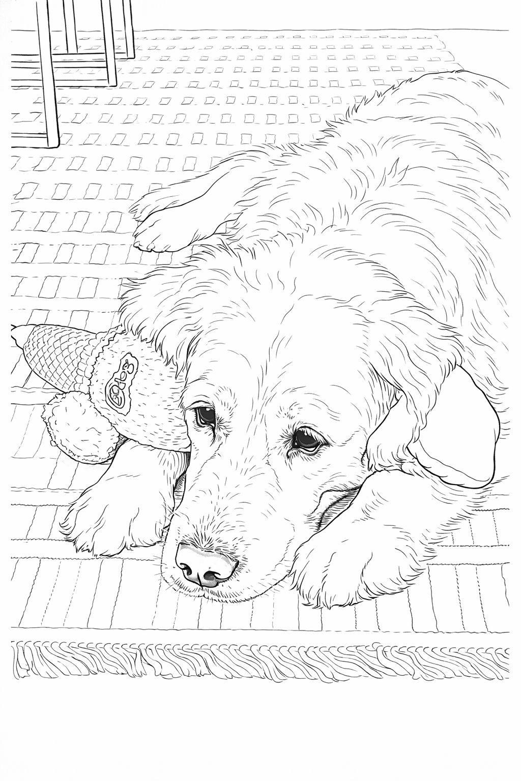 Finished custom line art page of Shira the golden retriever.